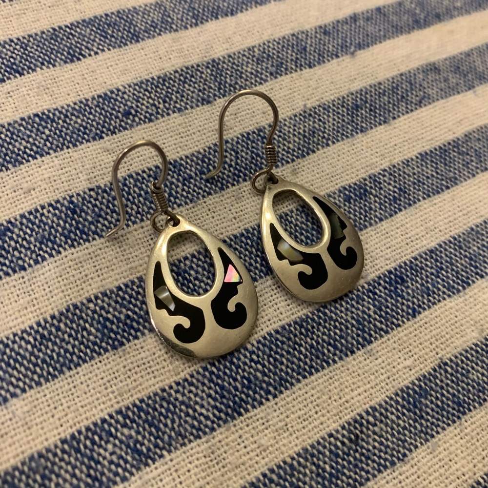Opal/Abalone Inset Silver Drop Earrings EUC
